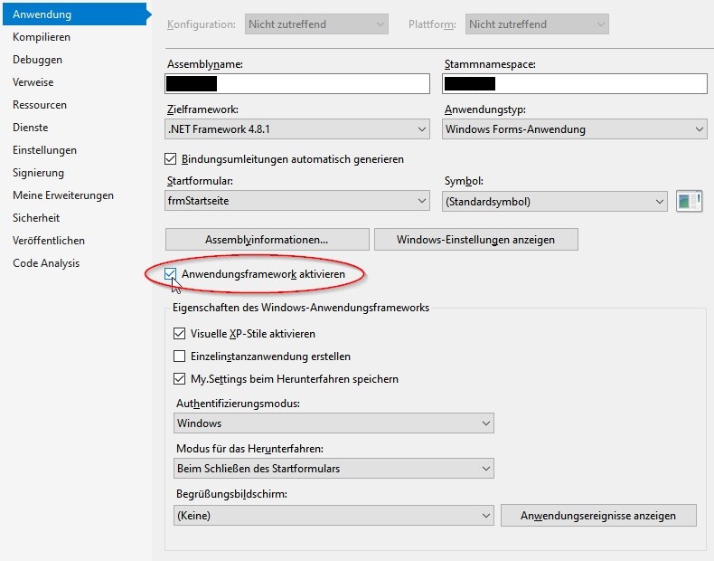 Bild der Projekteigenschaften unter Vb.Net, Unterpunkt Anwendung - Anwendungsframework aktivieren