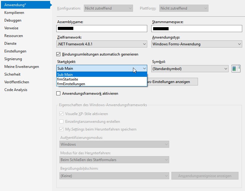 Bild der Projekteigenschaften unter Vb.Net. Unterpunkt Anwendung - Startobjekt