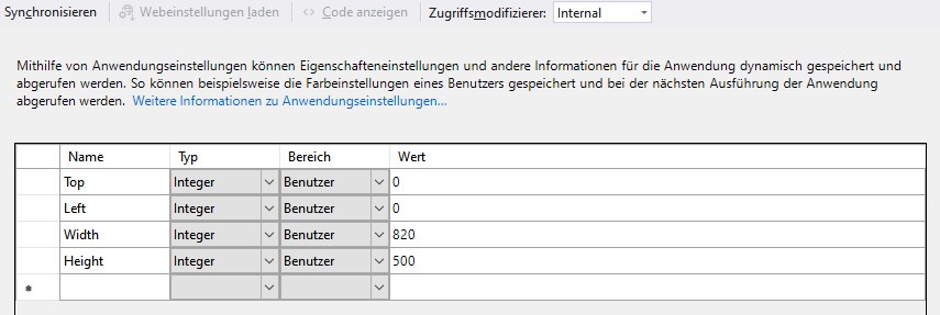 Ansicht der 4 Parameter der Anwendungseinstellungen über die mit My.Settings zugegriffen werden kann