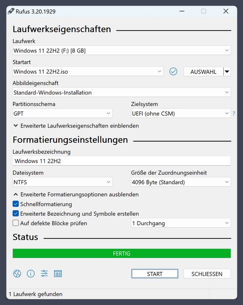 Startbildschirm von Rufus mit vielen unterschiedlichen Einstellungsmöglichkeiten