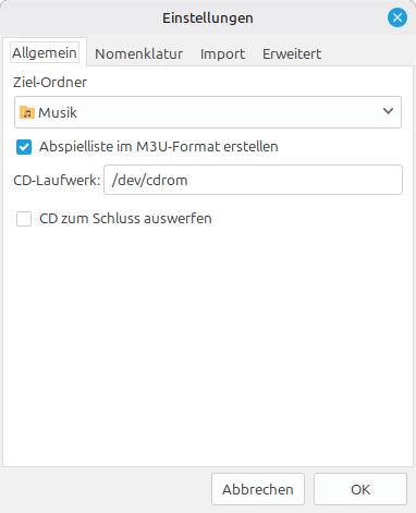 Bild des Dialogfelds Einstellungen, Reiter 1 Allgemein. Zu sehen sind: ein Auswahlfeld Ziel-Ordner, Kontollkästchen "Abspielliste im M3U-Format restellen" und "CD zum Schluss auswerfen"