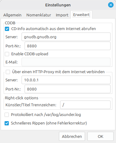 Bild des Dialogfelds Einstellungen, Reiter 4 Erweitert. Hier kann konfiguriert werden, wo die Informationen zum taggen geholt werden sollen und ob ein Proxy genutzt werden soll. Zusätzlich gibt es noch zwei Kontrollkästchen: "Protokolliert nach..." und "Schnelles rippen"