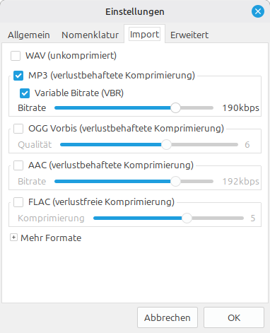 Bild des Dialogfelds Einstellungen, Reiter 3 Import. Zu sehen sind: 5 Kontrollkästchen mit denen ausgewählt wird, in welchem Format die Importierten Lieder gespeichert werden sollen. Mögliche Werte: WAV, MP3, OGG, AAC und Flac.