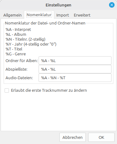 Bild des Dialogfelds Einstellungen, Reiter 2 Einstellungen. Zu sehen sind: 3 Eingabefelder. Einmal "Ordner für Alben", dann "Apspielliste" und schliesslich "Audio-Dateien". Die Eingabefelder dienen der Formatierung.